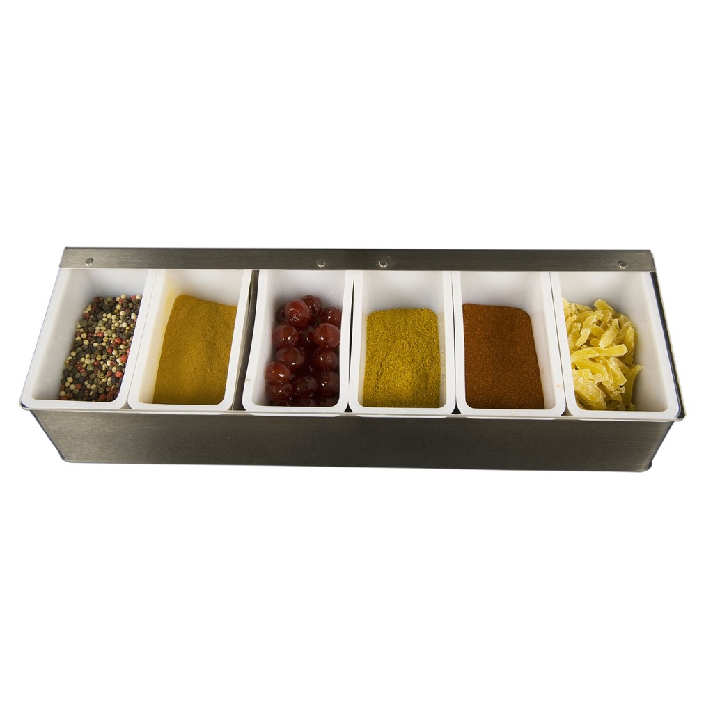 Stainless steel condiment dispenser 6 bowls  450 x 150 x 95 mm